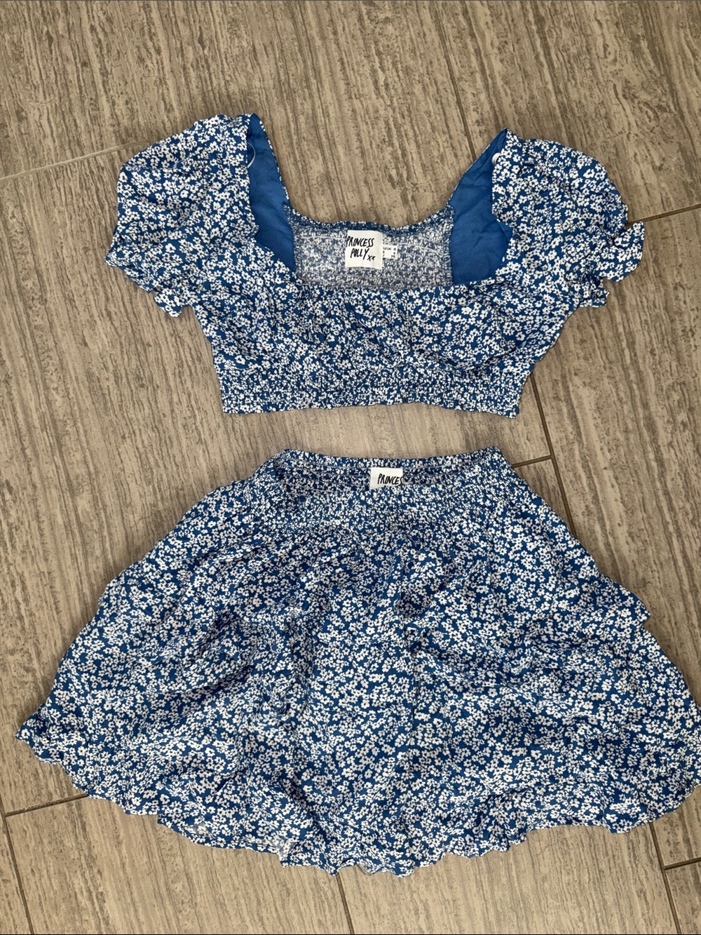 Princess Polly Blue Floral Puff-Sleeve Crop Top & Skirt Set